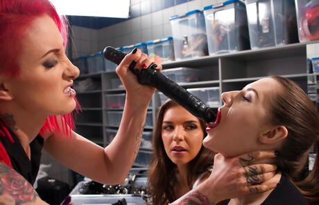 Very attractive lesbians Henessy, Angel Long and Samantha Bentley enjoying with dildo 