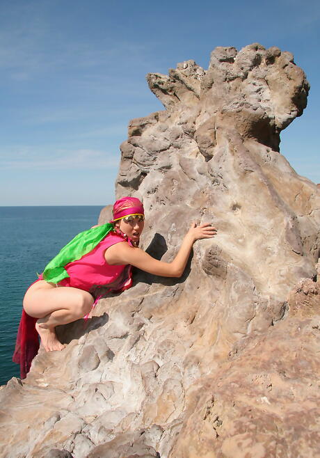 Luscious young Firebird A in uniform outfit exhibits big boobies and spreads her legs outdoor